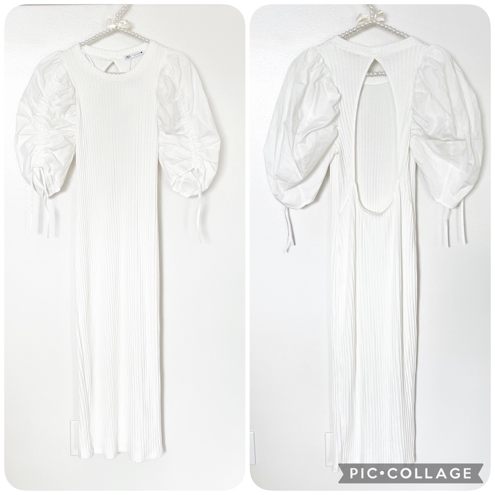 Zara Ribbed Knit Puff Sleeve Back Cutout Midi Dress NWT - Picture 11 of 16
